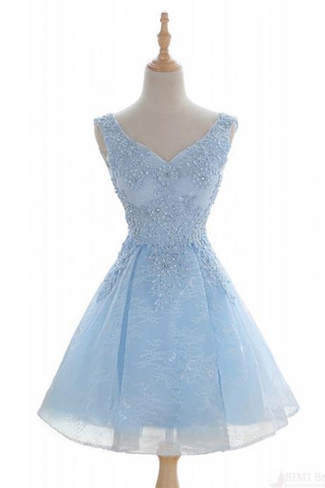 Light Blue V Neck Lace Homecoming Dresses, Short Sweet 16 Dress With Beads, Lace Up Back Graduation Dress H270