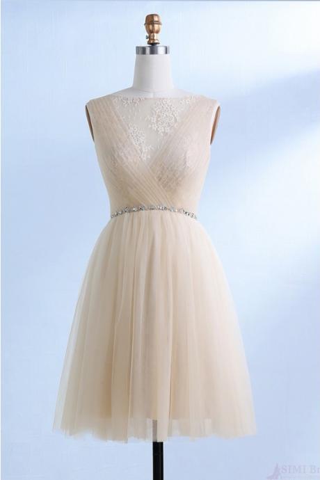 Champagne A Line Tulle Short Prom Dress With Lace, Cute Sleeveless Homecoming Dress With Beading Waist H273