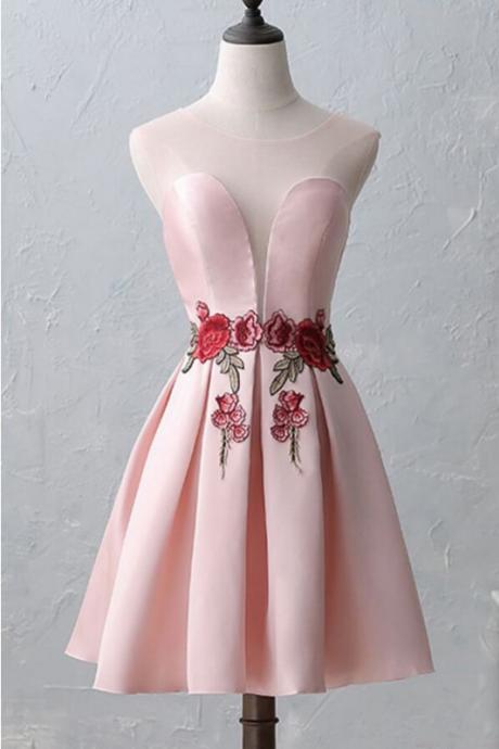 Pink Sleeveless Satin Ruched Homecoming Dresses, A Line Short Prom Dress with Appliques, Cheap Prom Dress H274