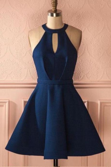 Cute A Line Halter Navy Blue Short Dress, Navy Short Homecoming Dress, A Line Short Prom Dresses H276