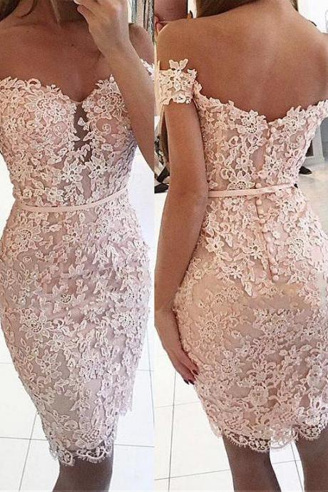 Pink Sheath Off The Shoulder Homecoming Dresses, Cocktail Dresses With Beaded Lace Appliques H278