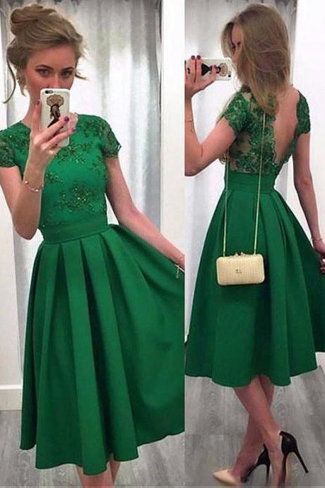 Charming Satin Jewel Neckline A-line Homecoming Dresses With Lace Appliques, Green Knee Length Prom Dress With Short Sleeves H279
