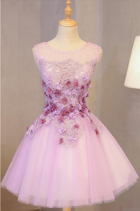 A Line Short Tulle Prom Dress With Appliques, Cute Sleeveless Prom Dress With Flowers, Appliqued Graduation Dress H283