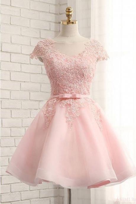Pink Cap Sleeve Homecoming Dresses, A Line Appliques Prom Gown, Tulle Short Prom Dress With Belt H285