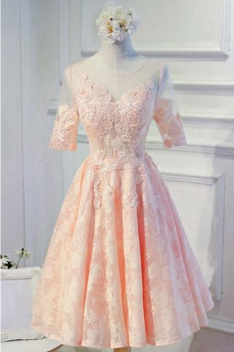 Knee Length Lace Homecoming Dress With Half Sleeves Party Dresses, A Line Half Sleeves Prom Dress With Lace H287
