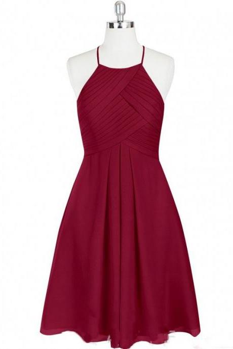 Burgundy Chiffon Halter Prom Dress, Pleats Short Homecoming Dress, A Line Sleeveless Chiffon Graduation Dresses H292