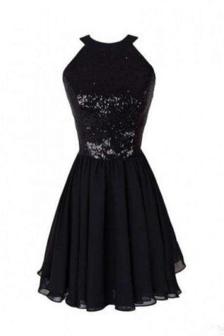 Black Jewel Chiffon Homecoming Dress With Sequins, A Line Sleeveless Sequined Short Prom Dress H293