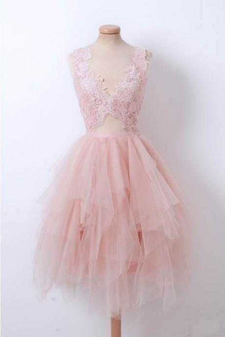 Sexy V Neck Tulle Homecoming Dress With Lace, A Line Asymmetrical Sleeveless Graduation Dress, Lace Sweet 16 Dresses H294