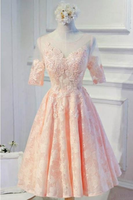 A Line Knee Length Half Sleeve Lace Homecoming Dress, Open Back Prom Dress, Lace Graduation Dresses H297