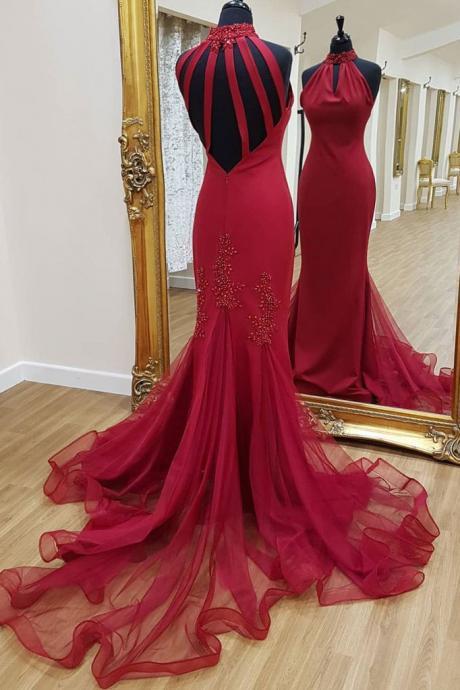 Unique High Neck Mermaid Long Prom Dress, Long Evening Dress With Tulle Train, Formal Dresses P293