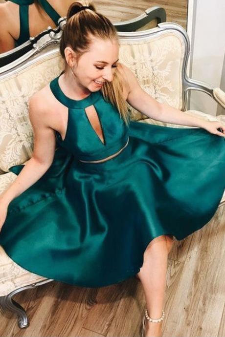 Two Piece Halter Open Back Jade Satin Short Homecoming Dresses With Bow, Cute Formal Short Prom Dresses H305