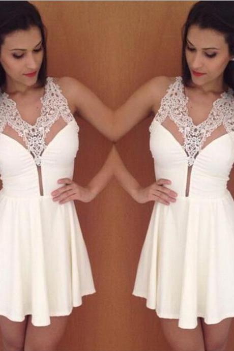 Ivory Simple Sexy Lace Appliques Deep V-neck Mini Homecoming Dresses, Short Sleeveless Satin Party Dresses H315
