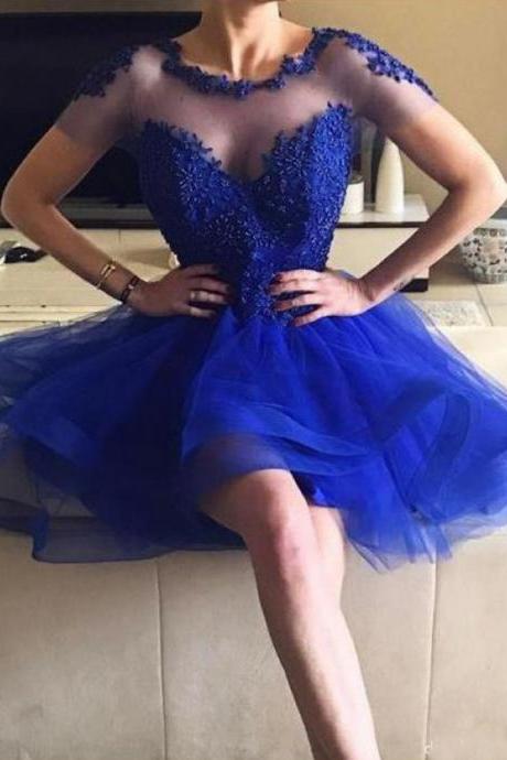 Charming A Line Tulle Royal Blue Homecoming Dresses With Appliques, Sheer Neck Tulle Prom Dress With Appliques H316