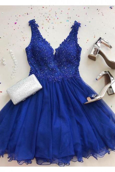 A Line V Neck Royal Blue Tulle Prom Dress, Sparkle Sleeveless Short Tulle Homecoming Dress, Mini Party Dresses H317