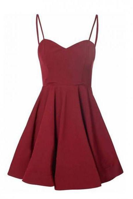 Spaghetti Strap Short Homecoming Dress, Burgundy Mini Short Prom Dresses, A Line Satin Homecoming Gown H318