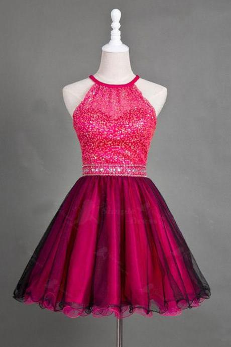 Cute A Line Round Neck Black And Rose Red Short Homecoming Dresses With Beading, Short Prom Dresses, A Line Tulle Mini Homecoming Dress H320