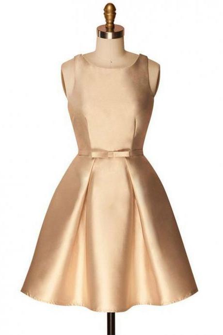 Gold A Line Sleeveless Satin Mini Homecoming Dresses, Simple Short Prom Dress with Bowknot, H322