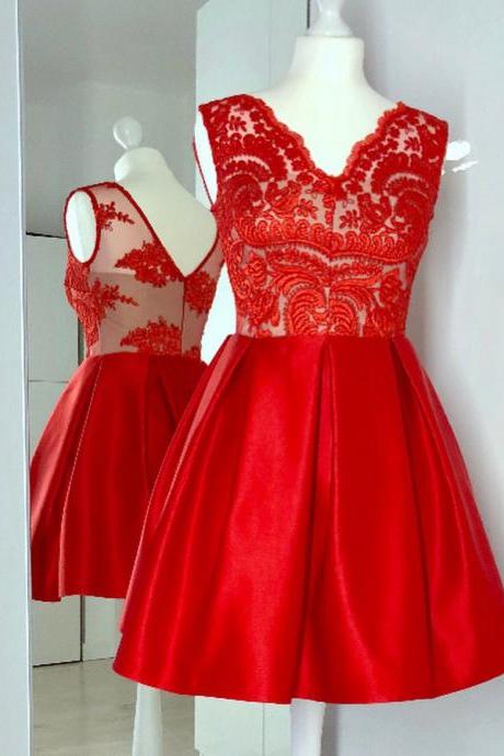 A Line Red Sleeveless Satin Prom Dress With Lace, Short V Neck Lace Top Homecoming Dresses, Graduation Dresses H328