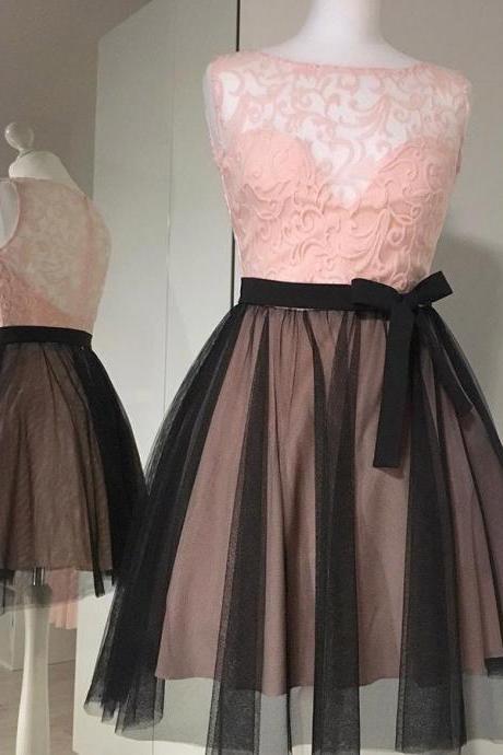 A Line Sleeveless Pink Tulle Homecoming Dress With Sash, Lace Homecoming Gown H329