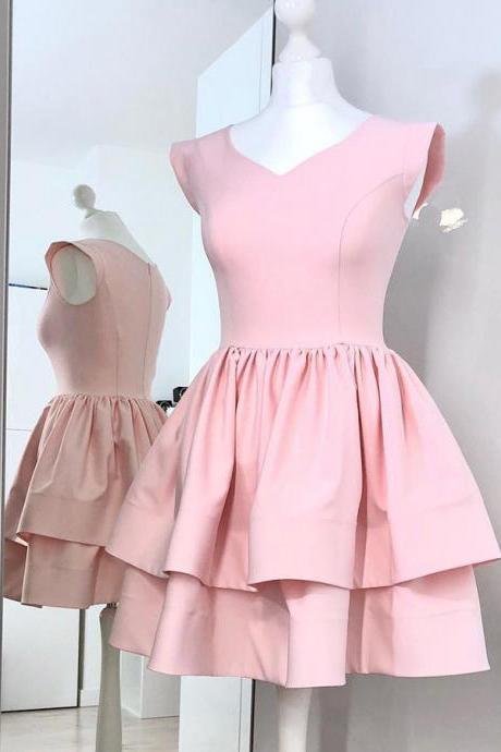 A-line V-neck Cap Sleeves Pink Homecoming Dress, Two Layers Satin Mini Prom Dresses, Sweet 16 Dress H330