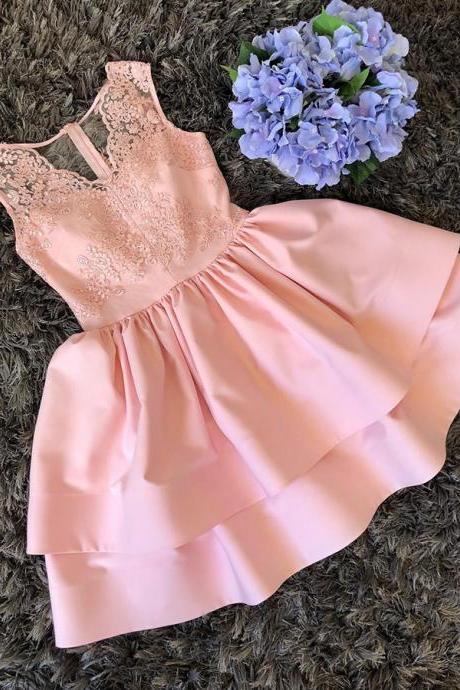 Cute Mini V Neck Homecoming Dress, A Line Two Layers Lace Graduation Dress, Cheap Satin Prom Dress with Lace H331