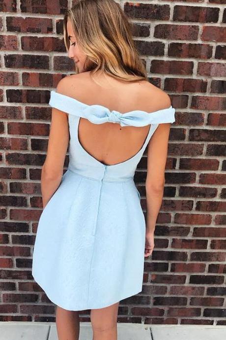 Light Blue Open Back Off The Shoulder Short Prom Dress, Above Knee Length Short Homecoming Dresses H336