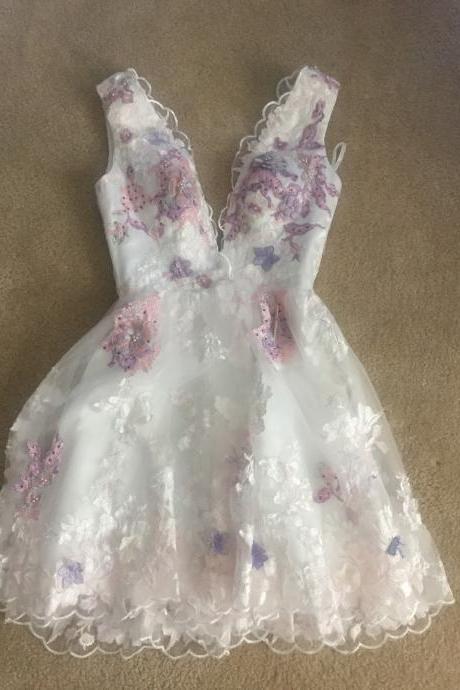 Ivory Lace Short Homecoming Dress, Mini V Neck Party Dress, A Line Sleeveless Short Dress H337