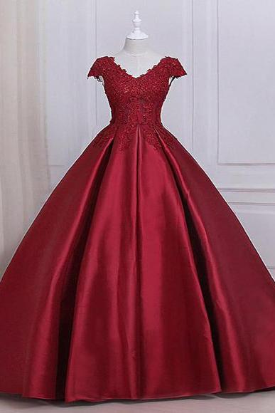 Burgundy Cap Sleeves Satin Prom Dress, Ball Gown V Neck Evening Dress With Appliques P304