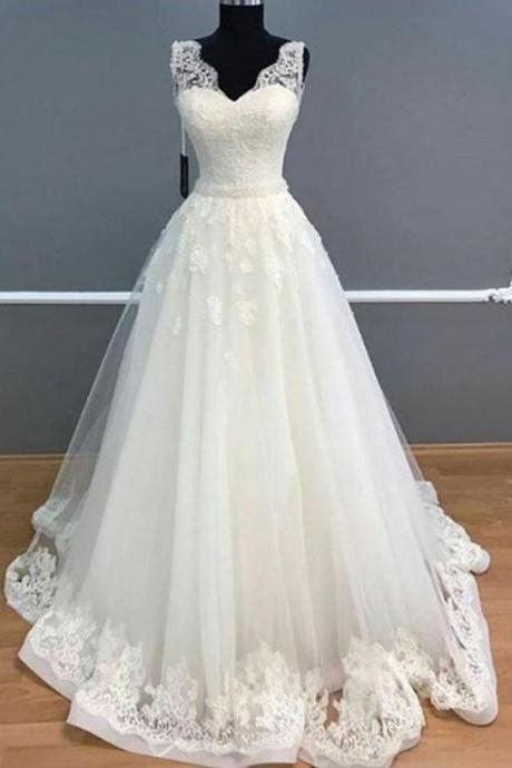 Elegant A-line V-neck Sleeveless Ivory Long Wedding Dress With Lace, Charming Sleeveless Tulle Bridal Dress With Lace W112