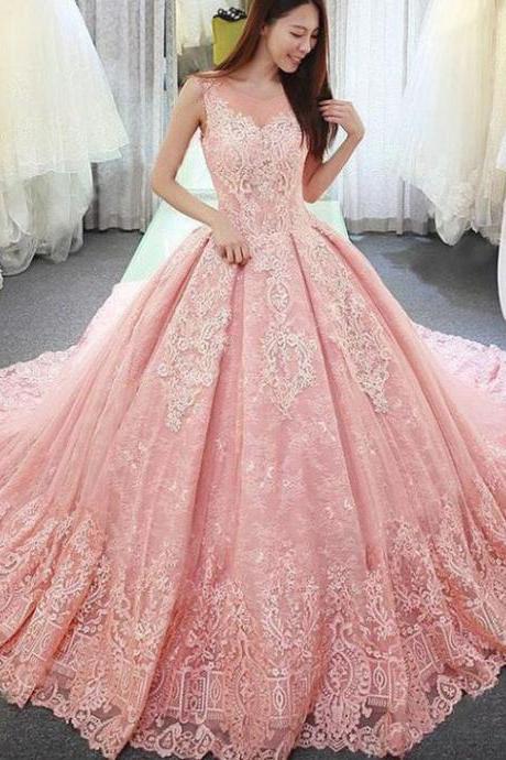 Fantastic Tulle Lace Sheer Neckline Ball Gown Wedding Dress With Lace Appliques, Sweep Train Prom Dress, Gorgeous Wedding Gown W113