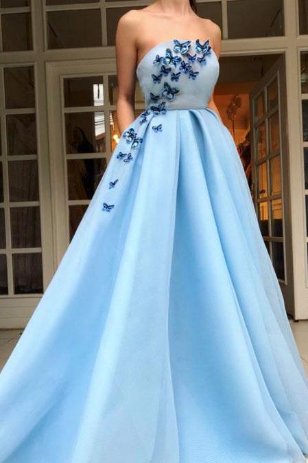 Unique Tulle Prom Gowns ,strapless Neckline Evening Dress, A-line Prom Dress ,3d Butterfly Appliques Evening Gowns P305