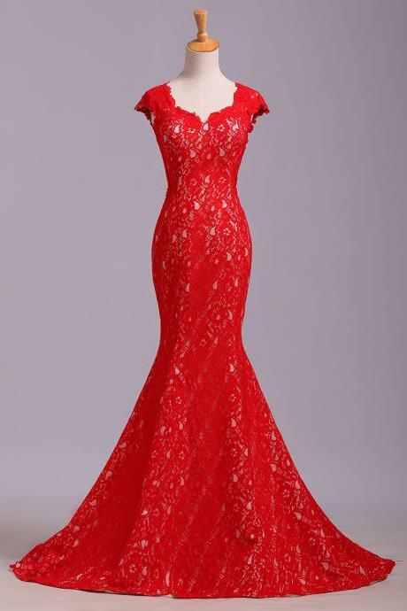 Red Cap Sleeve Lace Prom Dress, Mermaid Lace Evening Dresses, Long Open Back Evening Gown P308