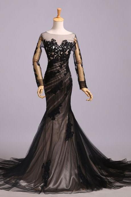 Black Long Sleeve Tulle Evening Dress With Court Train, Gorgeous Prom Dress With Lace Appliques P309