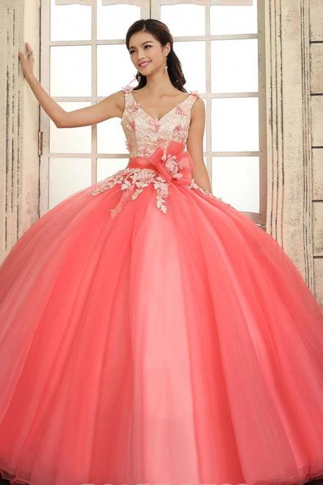 Luxurious Straps Ball Gown V-neck Flowers Lace Up Quinceanera Dress,ball Gown Prom Dresses, Q014