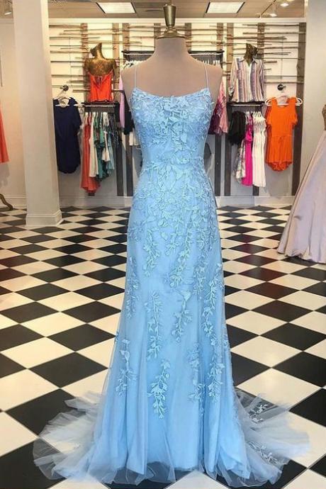 Gorgeous Spaghetti Straps Criss Cross Back Light Blue Appliqued Long Prom Dresses, Formal Tulle Long Evening Dresses P322
