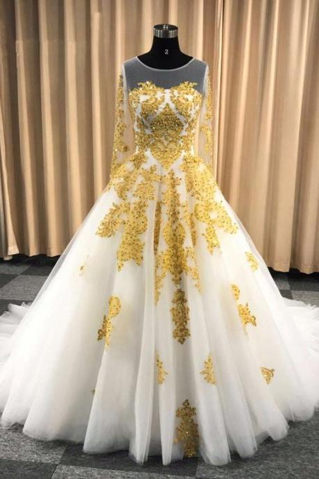 White Ball Gown Wedding Dress with Gold Appliques, Long Sleeves Puffy Prom Dress with Beading P328