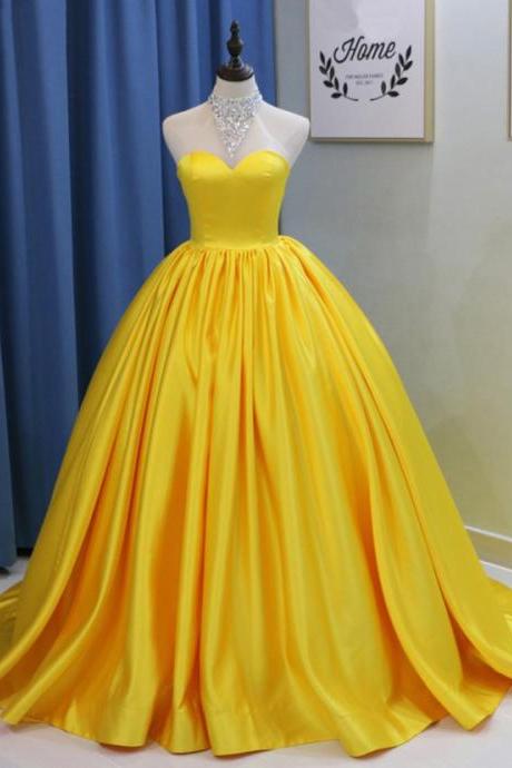 Yellow Long Backless Bead Quinceanera Dress, Sweet 16 Prom Dresses,Floor Length Prom Gowns, Ball Gown High Neck Party Dress P330
