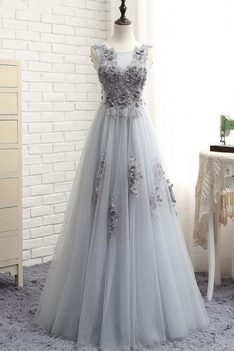Sliver Gray Sleeveless Floor Length Appliqued Tulle Prom Dress, Long Lace Appliques Evening Dress P336