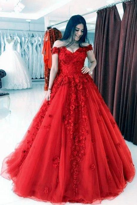 Elegant Red Lace Appliques Long Tulle Ball Gowns Wedding Dresses, Off Shoulder Prom Dress P338