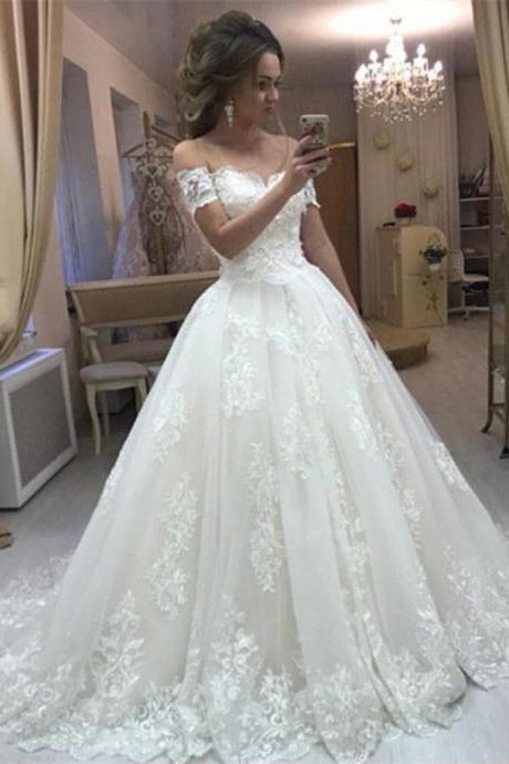 Romantic Women Ball Gown Wedding Dresses, New Lace Off the Shoulder Bridal Gown with Short Sleeves W120