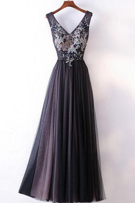Chic A Line V Neck Prom Dress with Appliques, Floor Length Sleeveless Tulle Evening Dress with Beading P344