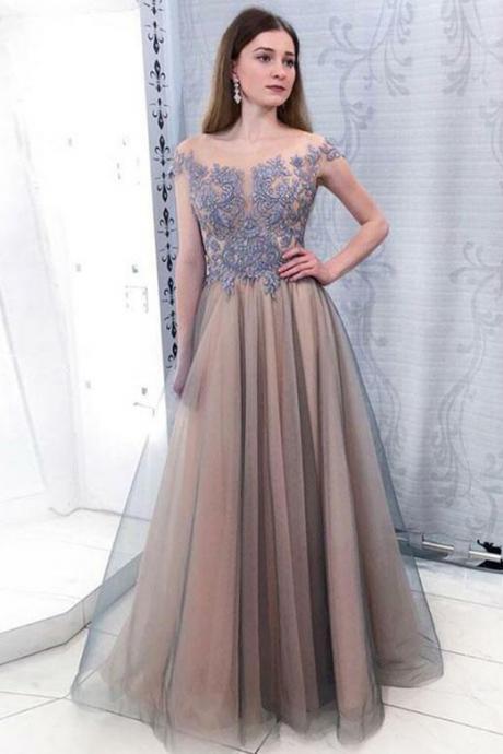 Sheer Neck Cap Sleeves Lavender Appliques Prom Dress, A Line Tulle Long Evening Dress P352