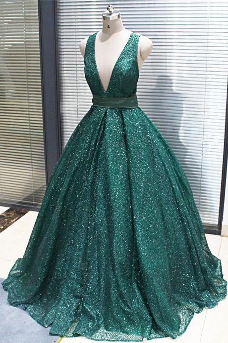 New Style Sparkly Dark Green Sequined Long V Neck Evening Dress, Puffy Party Dress, Floor Length Sleeveless Sequins Prom Gown P355