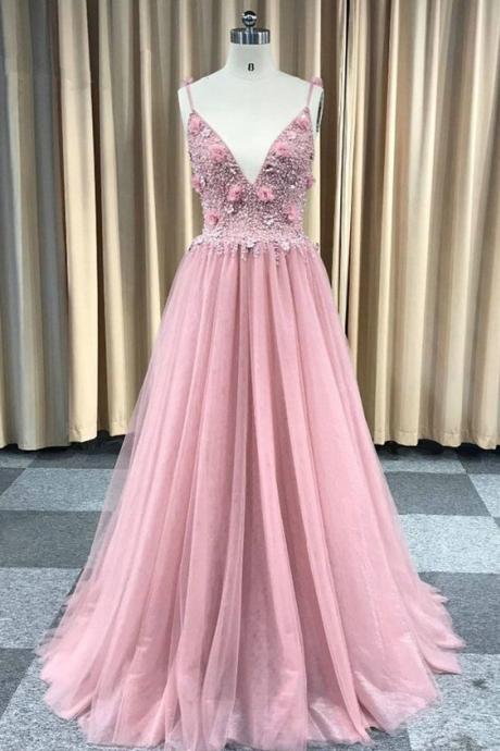 Blush Pink Prom Dresses, Spaghetti Strap Tulle Party Dress, A Line V Neck Evening Dresses P360