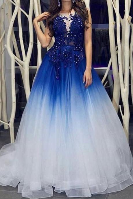 Custom Made Gorgeous Elegant Royal Blue White Long Prom Dresses with Appliques for Teens, Puffy Tulle Long Formal Dresses P383