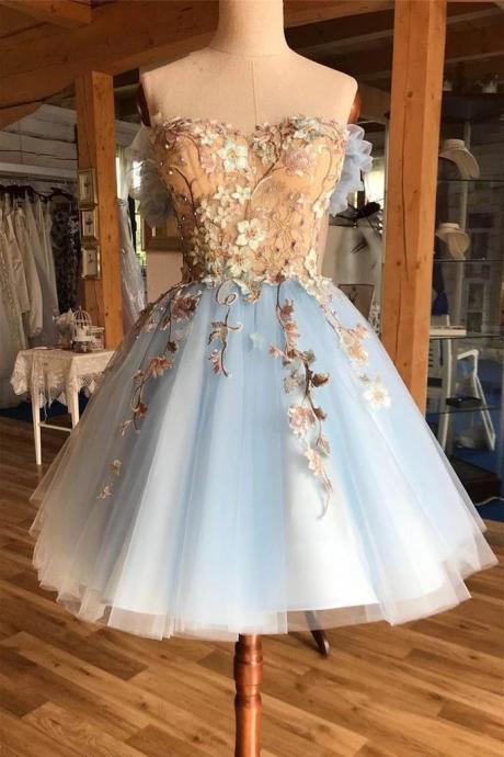 A Line Above-Knee Light Blue Tulle Homecoming Prom Dress with Appliques, Hot selling Homecoming Gown H346