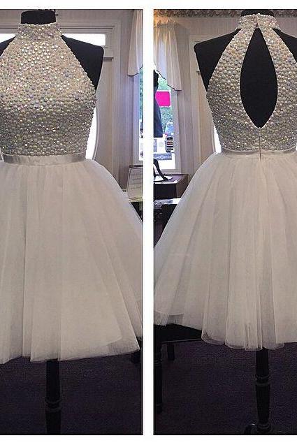 Halter Beaded Tulle Short Homecoming Dress, Cocktail Dress, Party Dress Featuring Cutout Back