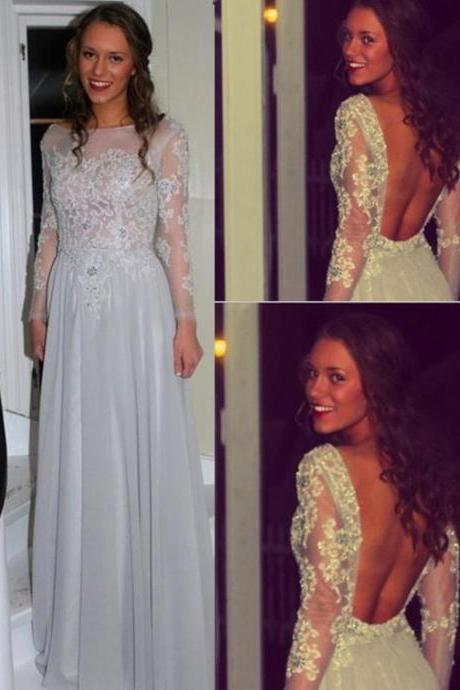 Backless Lace Long Sleeve Custom Made Prom Dresses, Floor-length Evening Dress,prom Dresses,st276