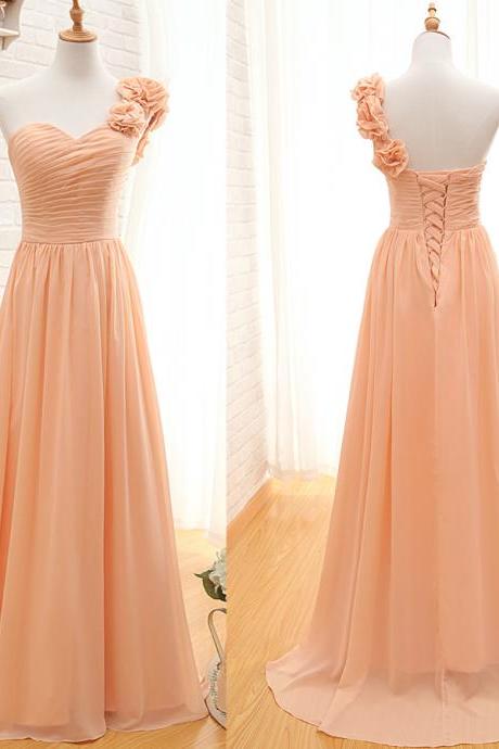 Custom Made Orange One-Shoulder Neckline Chiffon Bridesmaid Dress with Floral Applique