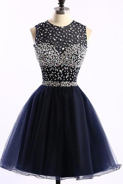 Short Tulle A-Line Homecoming Dress Featuring Beaded Embellished Sleeveless Crew Neck Bodice 